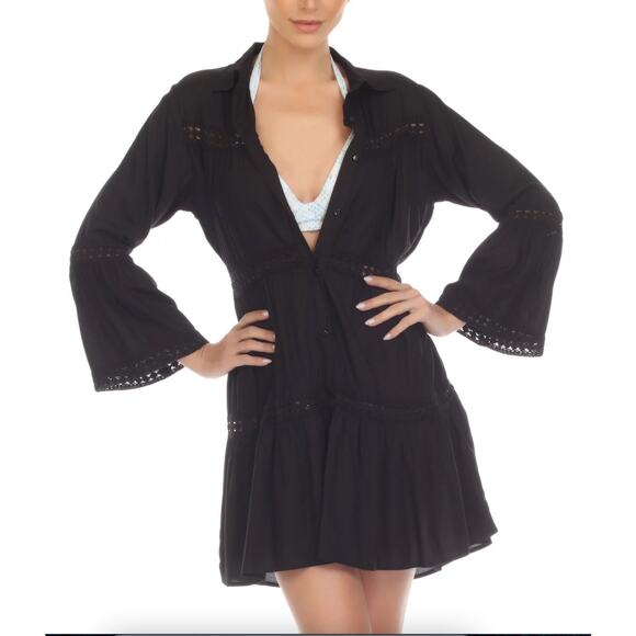 2/$30 NWT Raviya Lace-Inset Dress Cover-Up Black Button Front Swimwear Size M - Picture 1 of 10